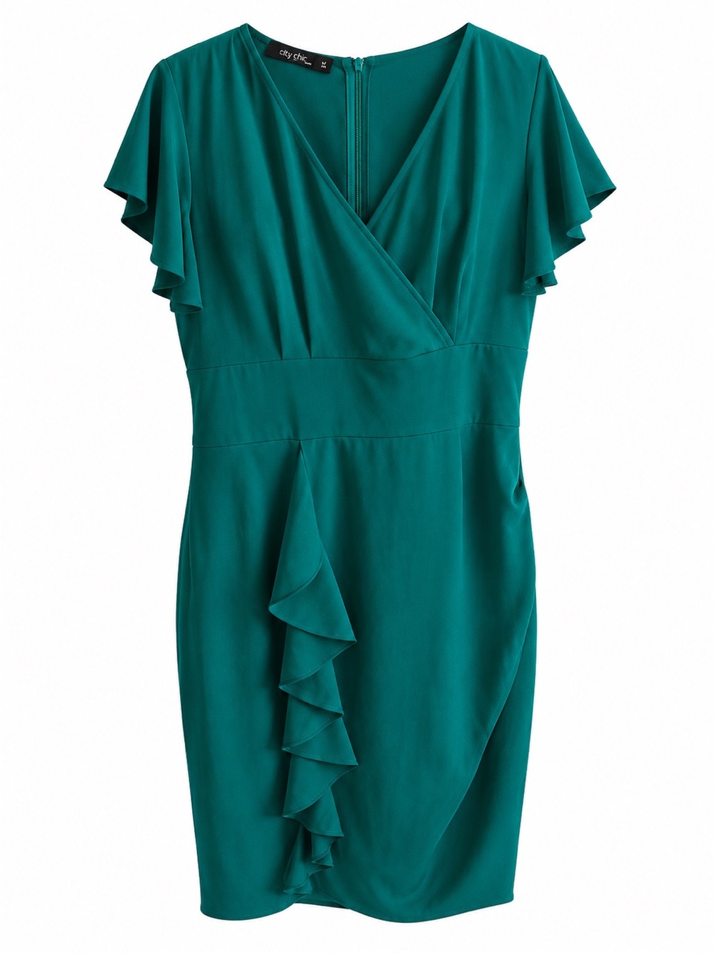 NWT ChicCloth XL Emerald Green Wrap Ruffle Cocktail Dress Flutter Sleeve - Picture 3 of 5